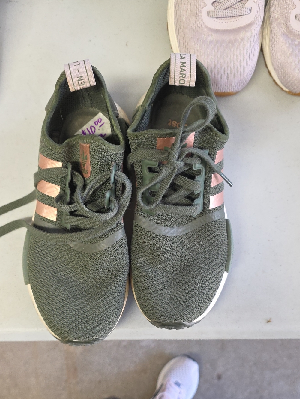 adidas Olive Green Knit Sneakers with Rose Metallic Logo